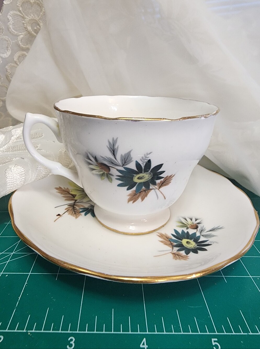 Vintage Royal Vale Teacup & Saucer, Pattern 8223, Brown & Blue Florals, Gilded